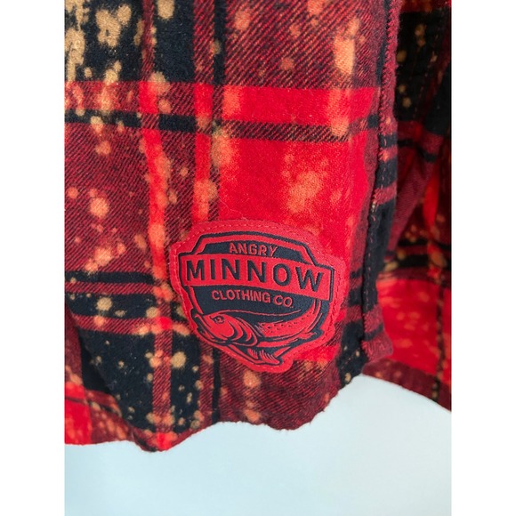 Angry Minnow Vintage Bleached Flannel Shirt Red Plaid Retro Santa Patch Large - Picture 4 of 8